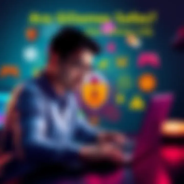 A person reviewing video game security on a laptop, surrounded by game icons and safety symbols.