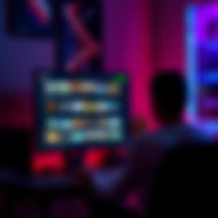 A person sitting at a computer screen displaying the GOG game library, highlighting download options for games.