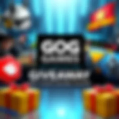 A promotional graphic for the GOG Games Giveaway featuring various game icons and a call to action to reply for a chance to win free games.