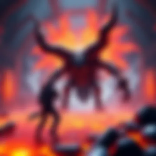 A player facing the Gogmazios in an arena, using slinger ammo while avoiding lava on the ground.