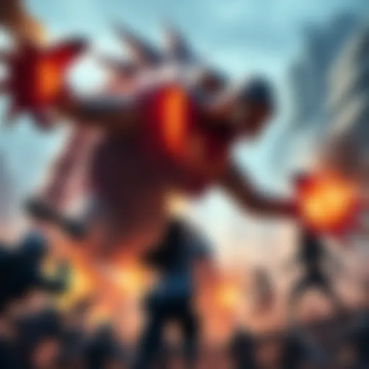 Gogmazios Monster Fight Gamers battling the colossal monster Gogmazios in a chaotic scene, showcasing its massive size and the struggle against it.