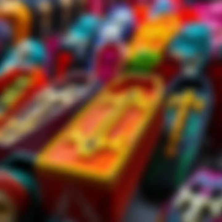 A colorful array of Gogo Crazy Bones Coffins displayed together, showcasing their unique designs and collectible nature.