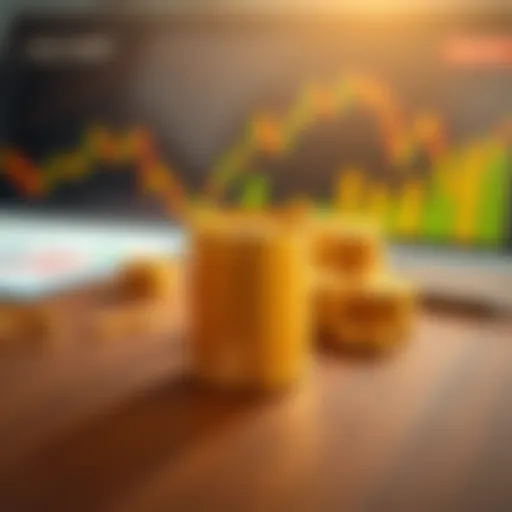 Gold Shot Investment Analysis A close-up of a gold shot displayed on a wooden table with investment graphs in the background.