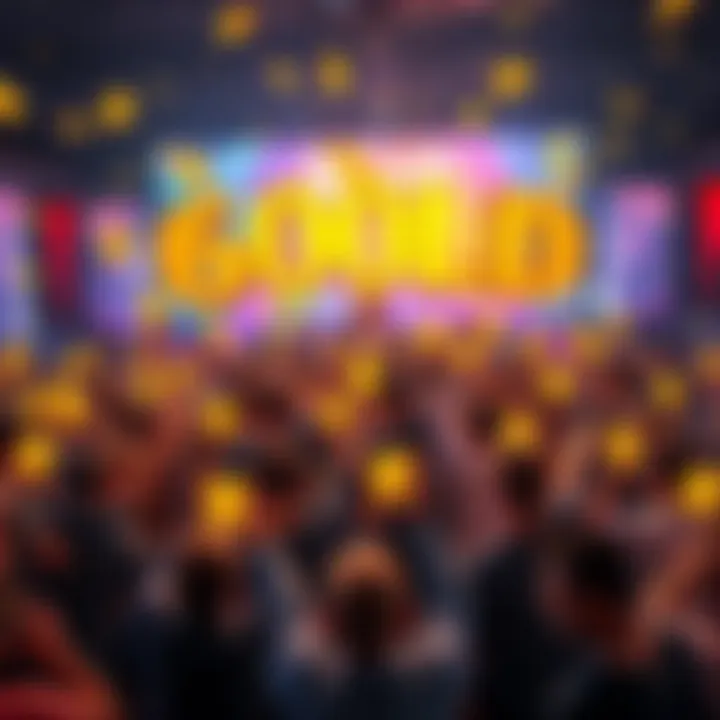 A large group of people celebrating their gold achievements on a gaming map, showing excitement and teamwork in a colorful gaming environment.