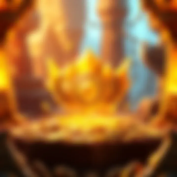 A digital depiction of a glowing Gold Crush boost in a fantasy game setting, surrounded by coins and treasure, hinting at its potential access before official launch.