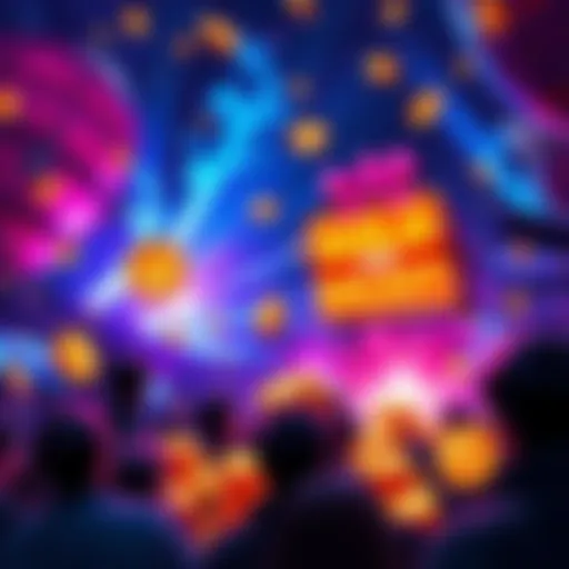 A vibrant giveaway scene featuring gold coins and galaxy-themed items, with people engaging in the event excitement.