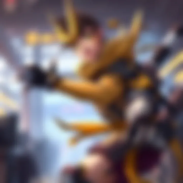 Gold Genji Overwatch character A digital illustration of a gold-level Genji character from Overwatch, looking for a team partner. He is in a dynamic pose, showcasing his agility and skill. The background hints at a gaming environme...