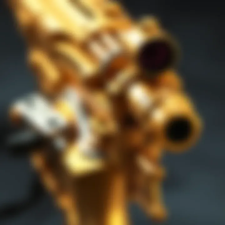 A close-up view of a new gold heavy weapon showing its intricate details and design features.