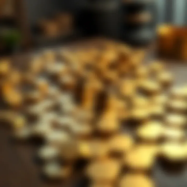 A collection of gold hexagonal items scattered on a wooden table, showing their shiny surfaces and unique shapes, inviting curiosity about their uses.