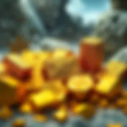 Gold items lost in Cryo Seven gold items representing the lost treasure in Cryo, with a backdrop of a chilly environment