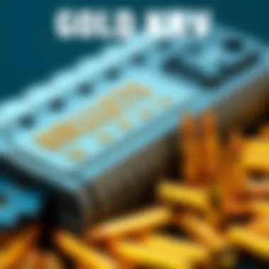 Close-up of the Gold KKV magazine filled with 87 bullets, showing its sleek design and a blue key nearby.