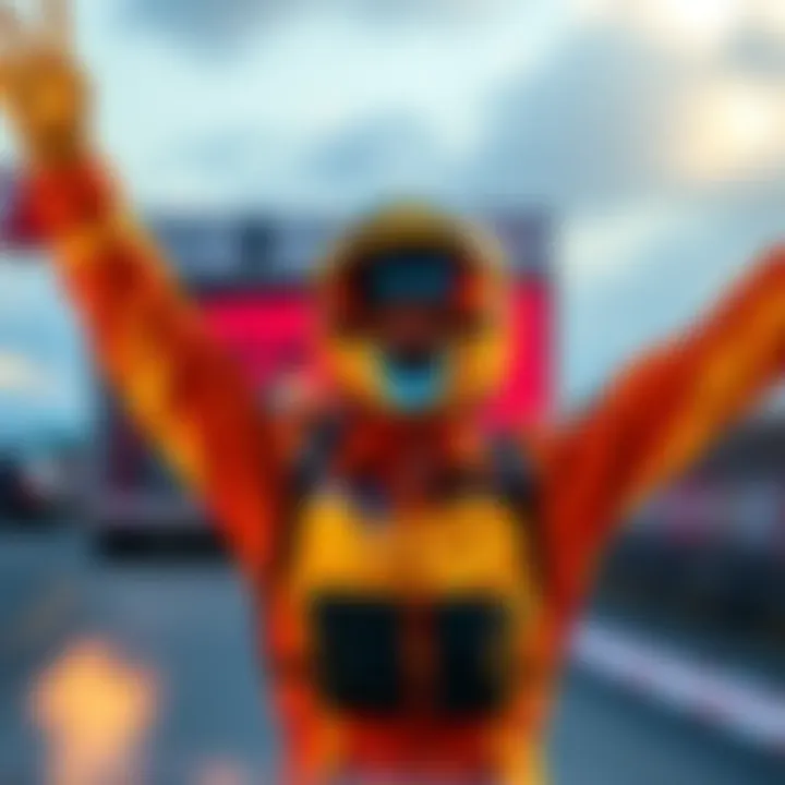 A person celebrating after completing a racing challenge, showing excitement with arms raised in victory
