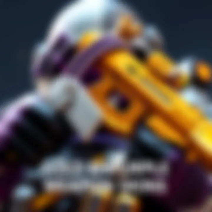 A close-up of a game character holding two weapon skins, one gold and one purple, showcasing their shiny textures and colors.