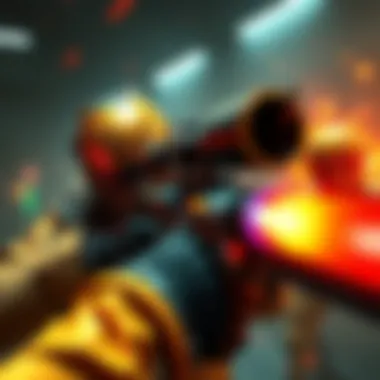 Gold Shields and WSTR Thermal Sniper in Action A gaming scene showing a player using Gold Shields for protection while aiming a WSTR Thermal sniper rifle at an enemy target.