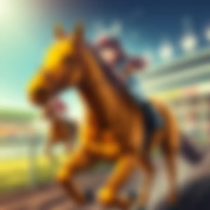 Gold Ship is a character inspired by a legendary racehorse, depicted in a vibrant racing scene with fans cheering in the background.