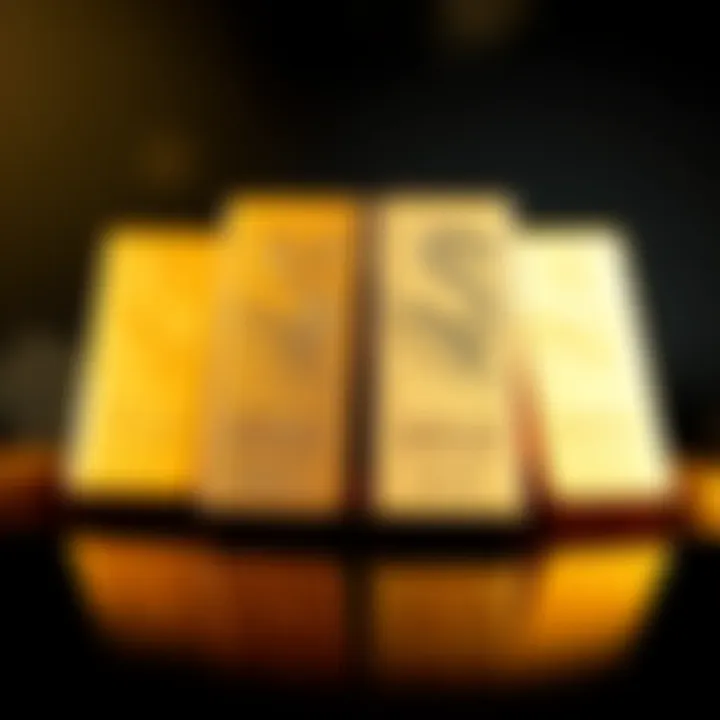 A visual representation of recent gold splits, with four out of six splits showcasing a shiny gold effect, contrasted by one split featuring a unique inked design and gold crackle finish.