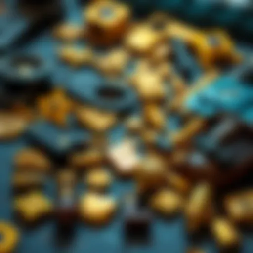 A close-up of gold weapon mods scattered on a gaming interface showing various designs and textures, with player gear in the background.