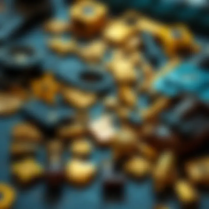 A close-up of gold weapon mods scattered on a gaming interface showing various designs and textures, with player gear in the background.
