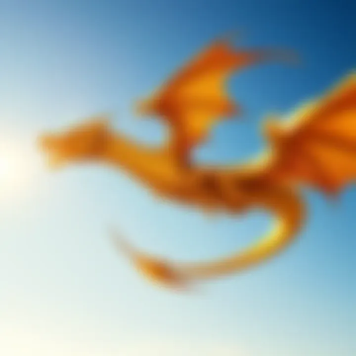 Golden Dragon in Flight A majestic Great Wyrm Golden Dragon soars through a blue sky, with shimmering scales that reflect sunlight.