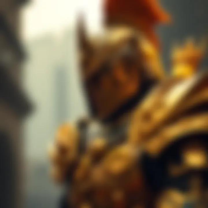 Golden Warrior Figure A detailed depiction of the Golden Warrior, showcasing its armor and expression of strength in a modern setting.