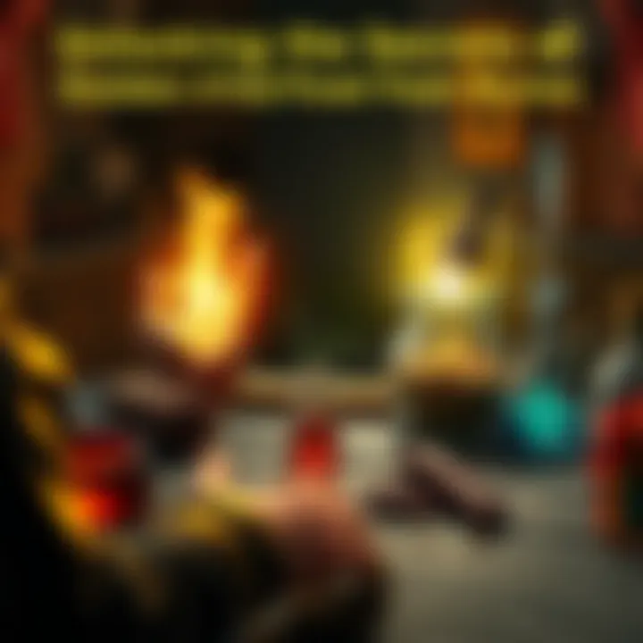 A player character holding a glowing rune next to a crafting table filled with ingredients for the Golden 4 Toed Fowl Foot.