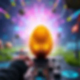 A golden egg appears in a vibrant game environment, glowing softly and surrounded by colorful graphics as a player approaches it.
