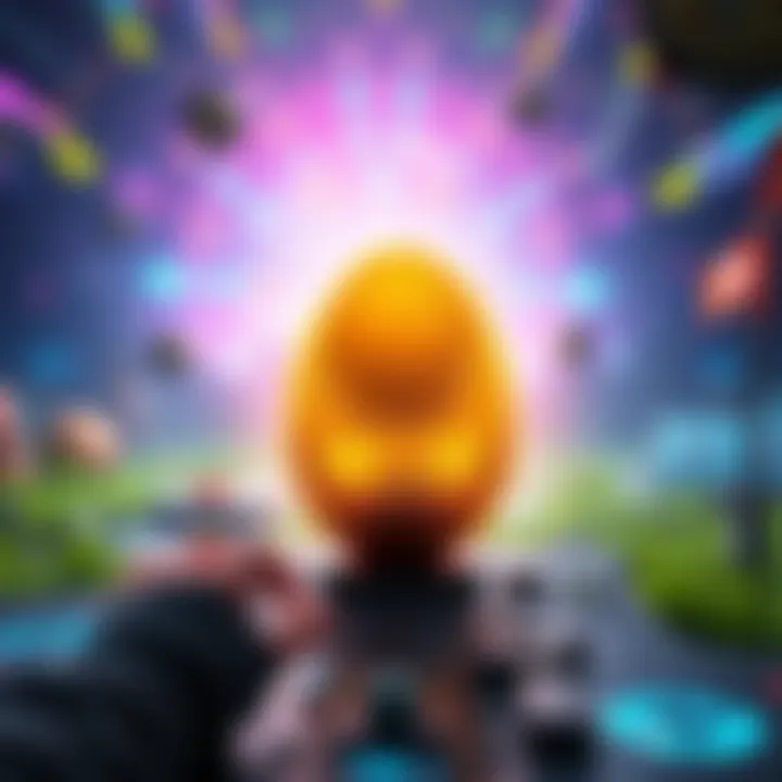Golden egg in video game A golden egg appears in a vibrant game environment, glowing softly and surrounded by colorful graphics as a player approaches it.