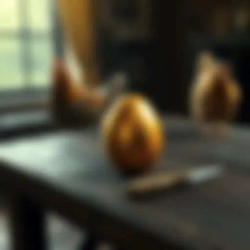 A golden egg appears on a wooden table in Resident Evil 4, representing the Mercenaries mode. A chicken is nearby, hinting at its significance in gameplay.