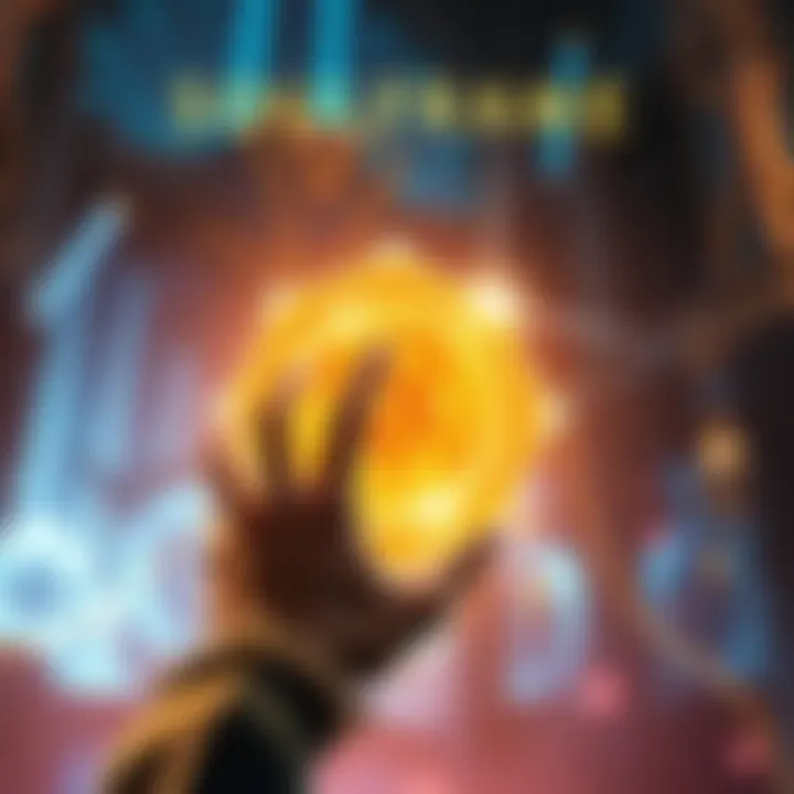A player interacts with a golden orb in the game SoulFrame, revealing location names on the screen.