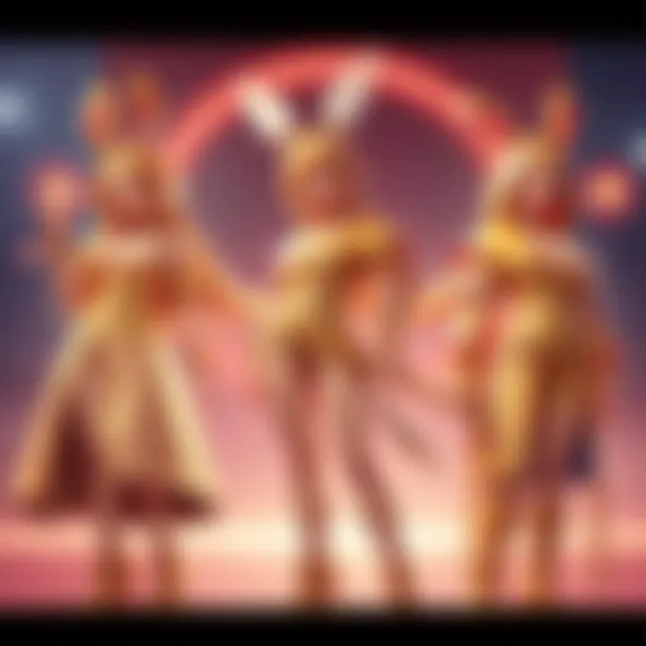 Bright and stylish golden outfits showcased for HUNTR/X KPDH, featuring unique designs and vibrant colors.