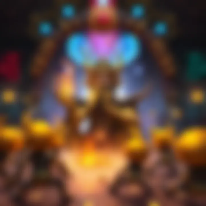 A golden profound thinker creating spells from Zar’jira in a lively Naga lobby, with golden minions surrounding it.