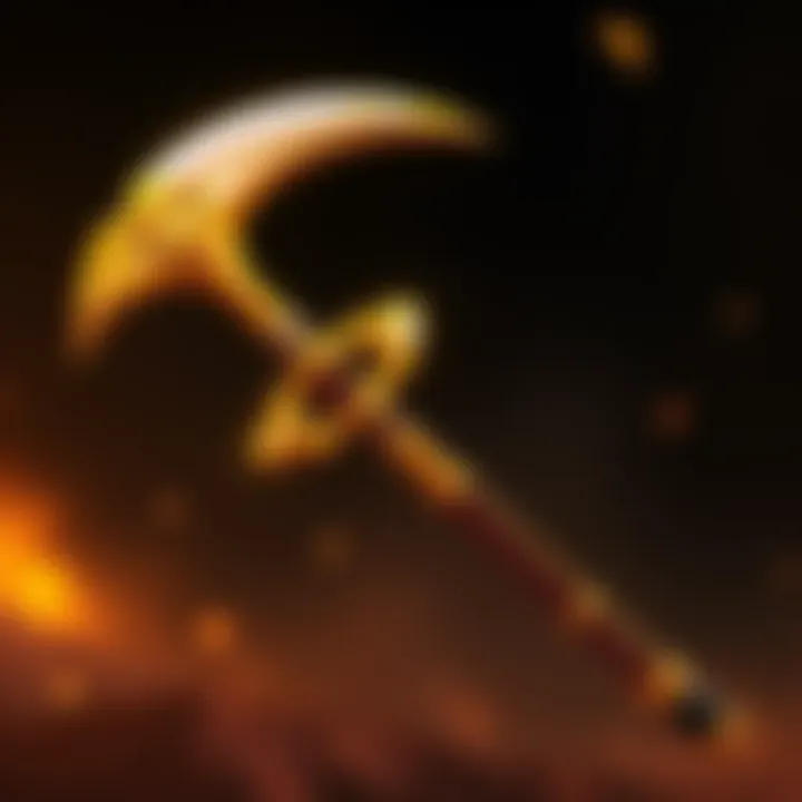 A golden scythe pickaxe with a sleek design, showcasing its shiny, gold finish and stylish shape, perfect for gamers.