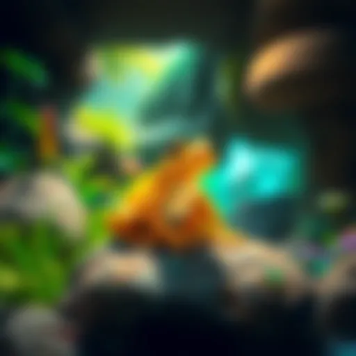 A bright golden toad sitting on a rock in a fantasy game world, surrounded by lush greenery and vibrant colors.