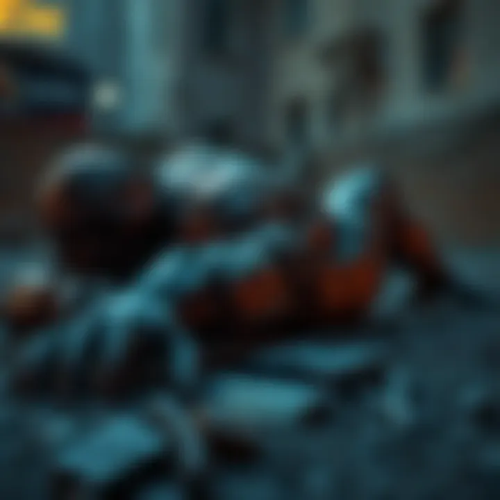 A large Golem figure lying on the ground, appearing still and unusual in its position, evoking curiosity and a hint of eeriness.