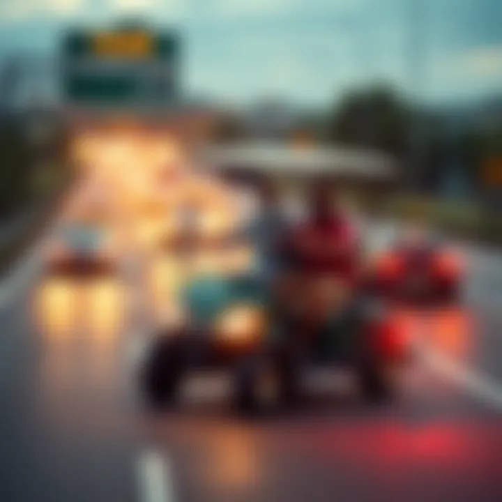 Golf Cart on Highway Three people driving a golf cart on a busy highway, causing traffic disruption