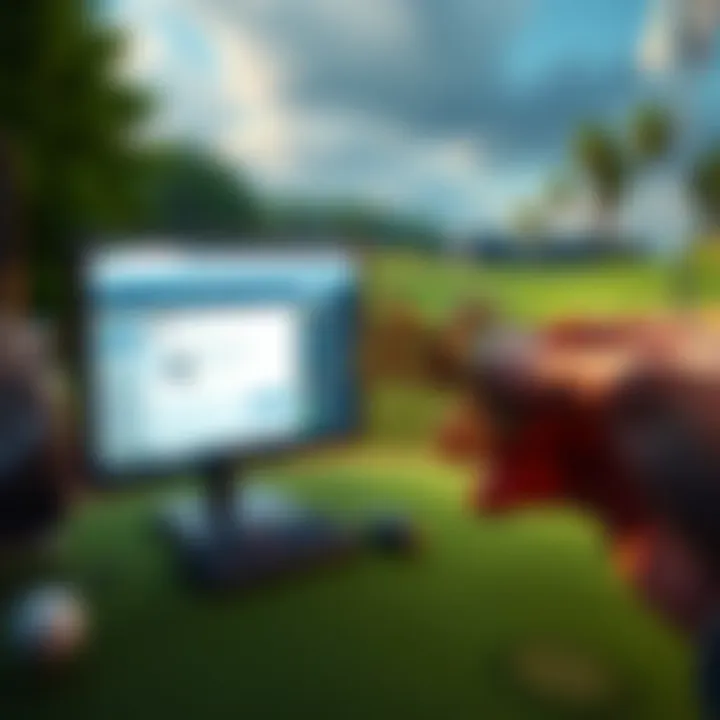 A person holding golf game keys with a background of a golf course and a computer showing a forum post, symbolizing a giveaway