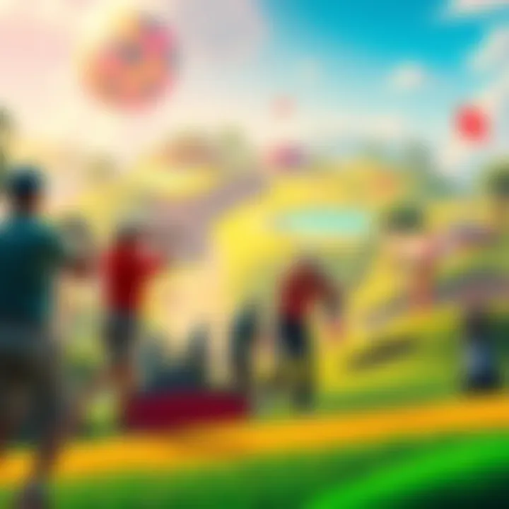 A group of golfers playing on a colorful golf course with unique challenges and vibrant scenery.