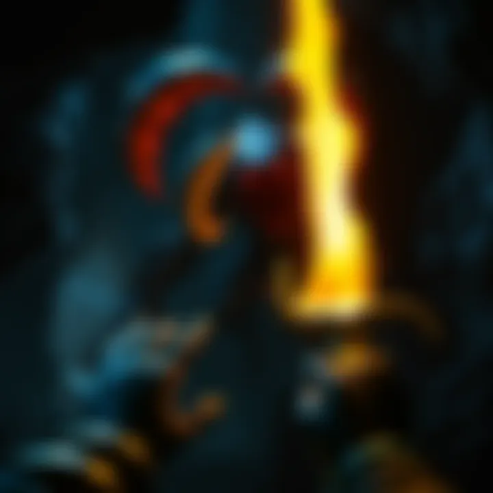 A player using a sword in a dark cave setting, battling Golgoroth, with a glowing adept Icarus grip in hand, showcasing the sword bug technique.