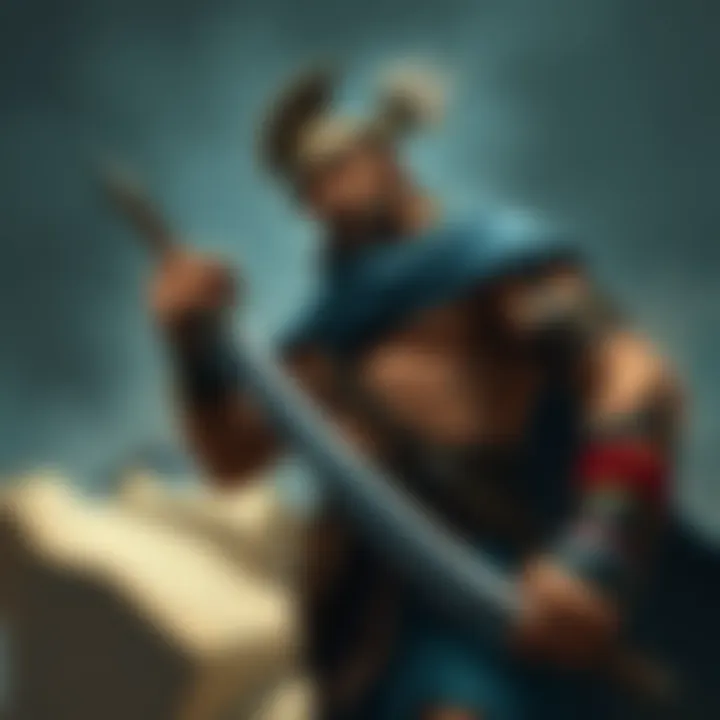 A Goliath barbarian character holding a sword, showcasing muscular build and tribal markings, pondering over a map with intelligence-based skills and combat gear.