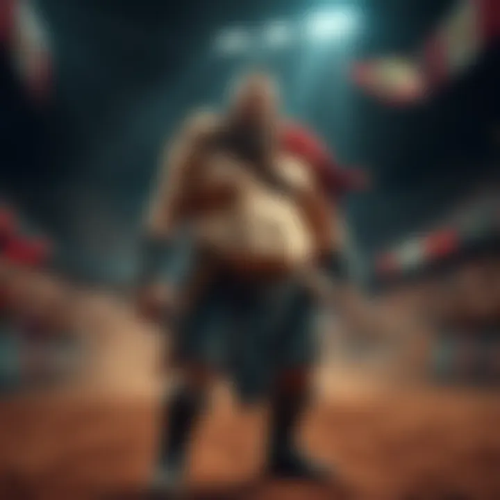 A fierce Goliath warrior stands in a combat arena, showing a determined look amidst a backdrop of cheering crowds and dusty ground. The character reflects a tragic past with scars and a strong physique, ready for battle.