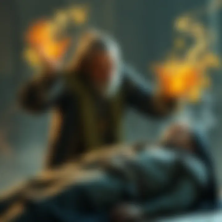 A cleric casting a spell over a lifeless body, with a glowing aura around the hands and a thoughtful expression on the face, reflecting moral debate.