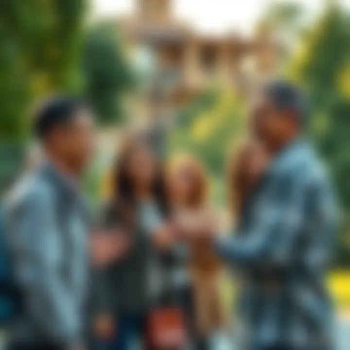 A group of people smiling and greeting each other politely in a park setting