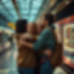 People saying goodbye at a train station A group of friends hugging each other tightly while saying goodbye at a train station, showing emotions of sadness and hope.