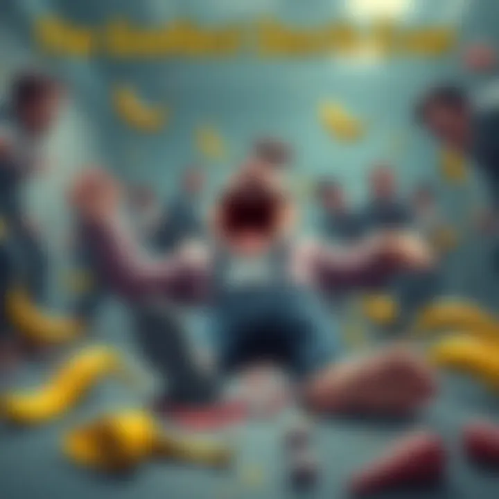 Funny accident scene A cartoonish depiction of an absurd accident leading to a ridiculous death, featuring comical elements like slipping on banana peels and exaggerated expressions.