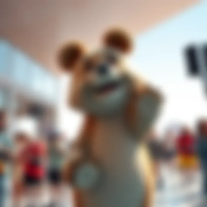 A quirky bear figure that has gained popularity on Delos, surrounded by curious onlookers.