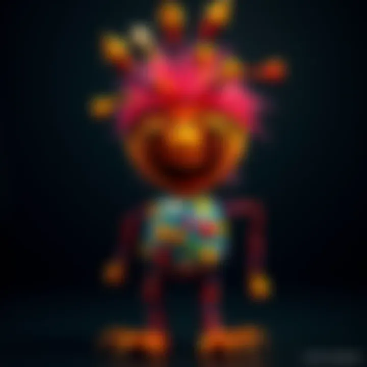 A colorful character crafted from hot glue and wire, featuring playful shapes and a whimsical design.