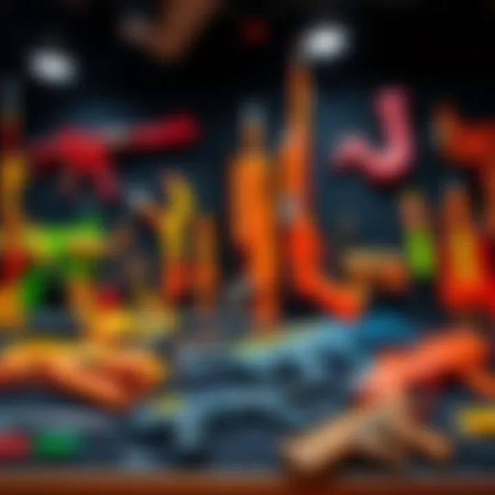 Goofy Guns Display A colorful array of playful and silly firearms set up for display, showcasing their wacky designs and fun features.