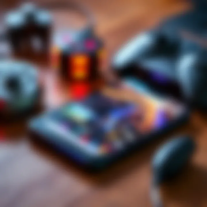 Close-up of the Google Pixel 8a smartphone showcasing its screen with a gaming interface and multitasking apps open, surrounded by gaming accessories