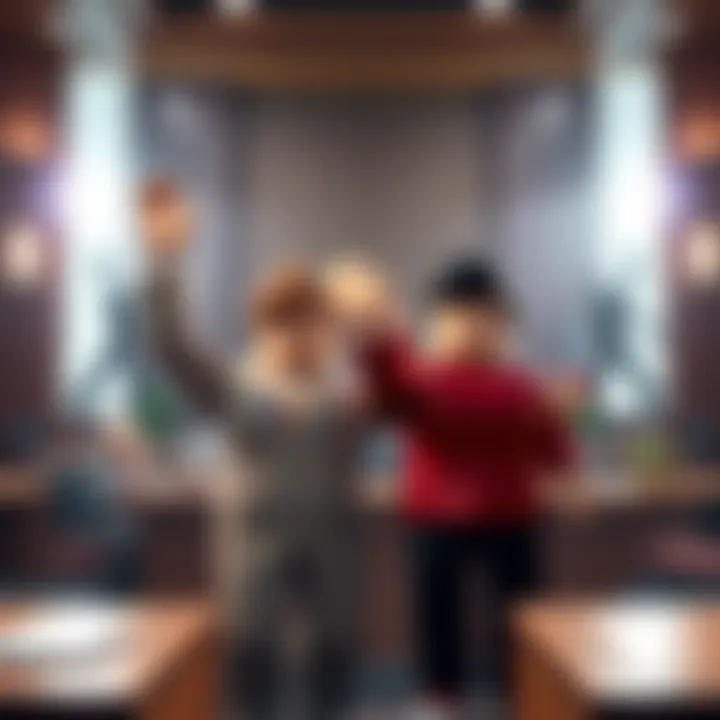 Courtroom scene with Google and Roblox representatives celebrating after winning a lawsuit on video game addiction