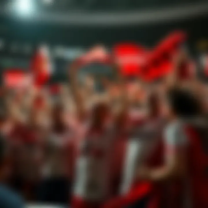 A group of enthusiastic Arsenal fans cheering with flags and scarves at a stadium, filled with anticipation for the upcoming season.